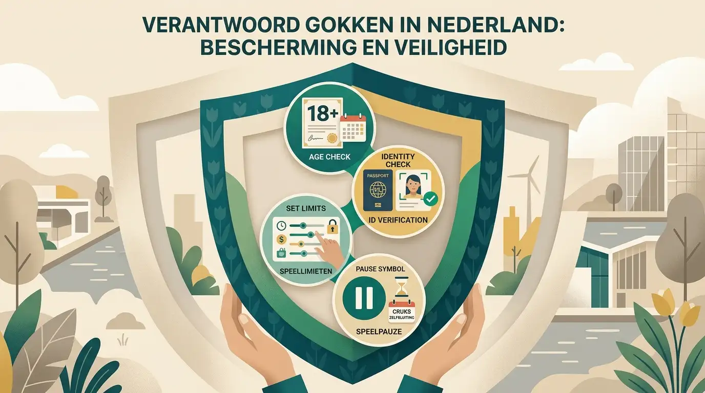 Illustratie van beschermingslagen rond leeftijdscontrole, limieten en gokstop