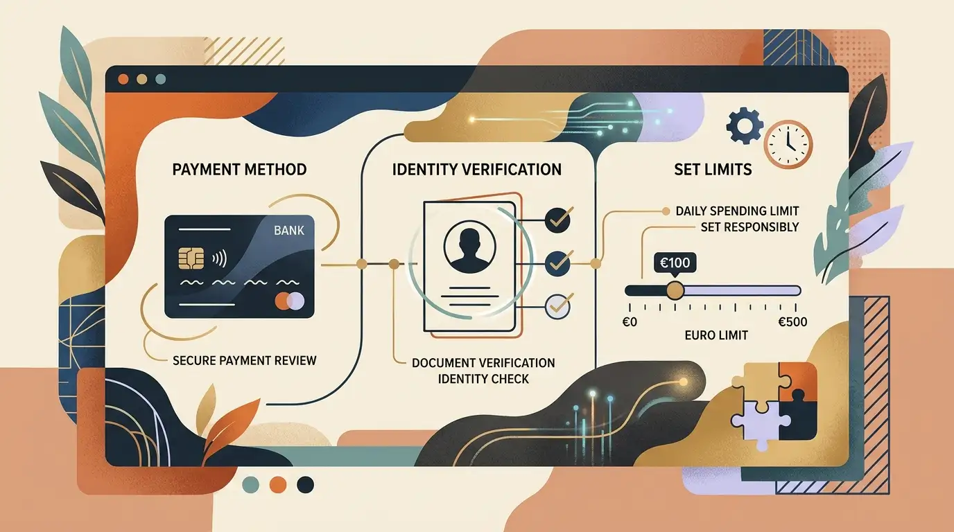 Illustratie van betaalcontrole, identiteitsdocument en limietinstellingen op een rustige interface