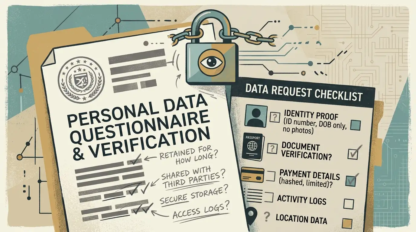 Illustratie van privacygegevens, veilige documenten en duidelijke vragen op papier