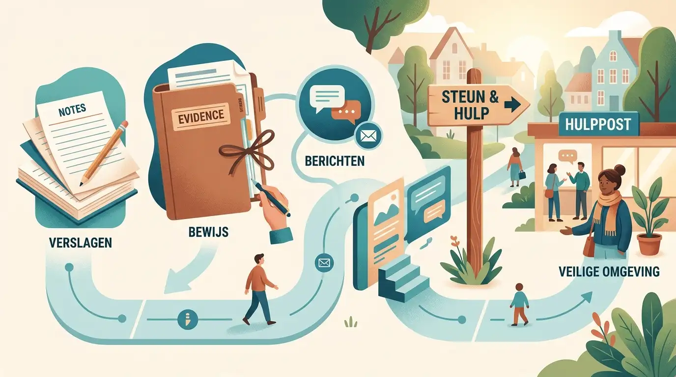 Illustratie van een rustig meldpunt met notities, bewijsmateriaal en hulproutes