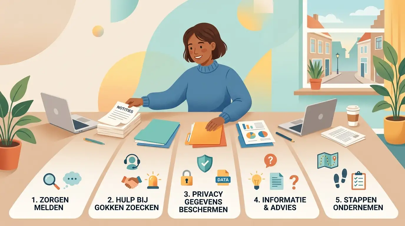 Rustige illustratie van een gebruiker die melding, hulp en privacyvragen ordent in een overzicht