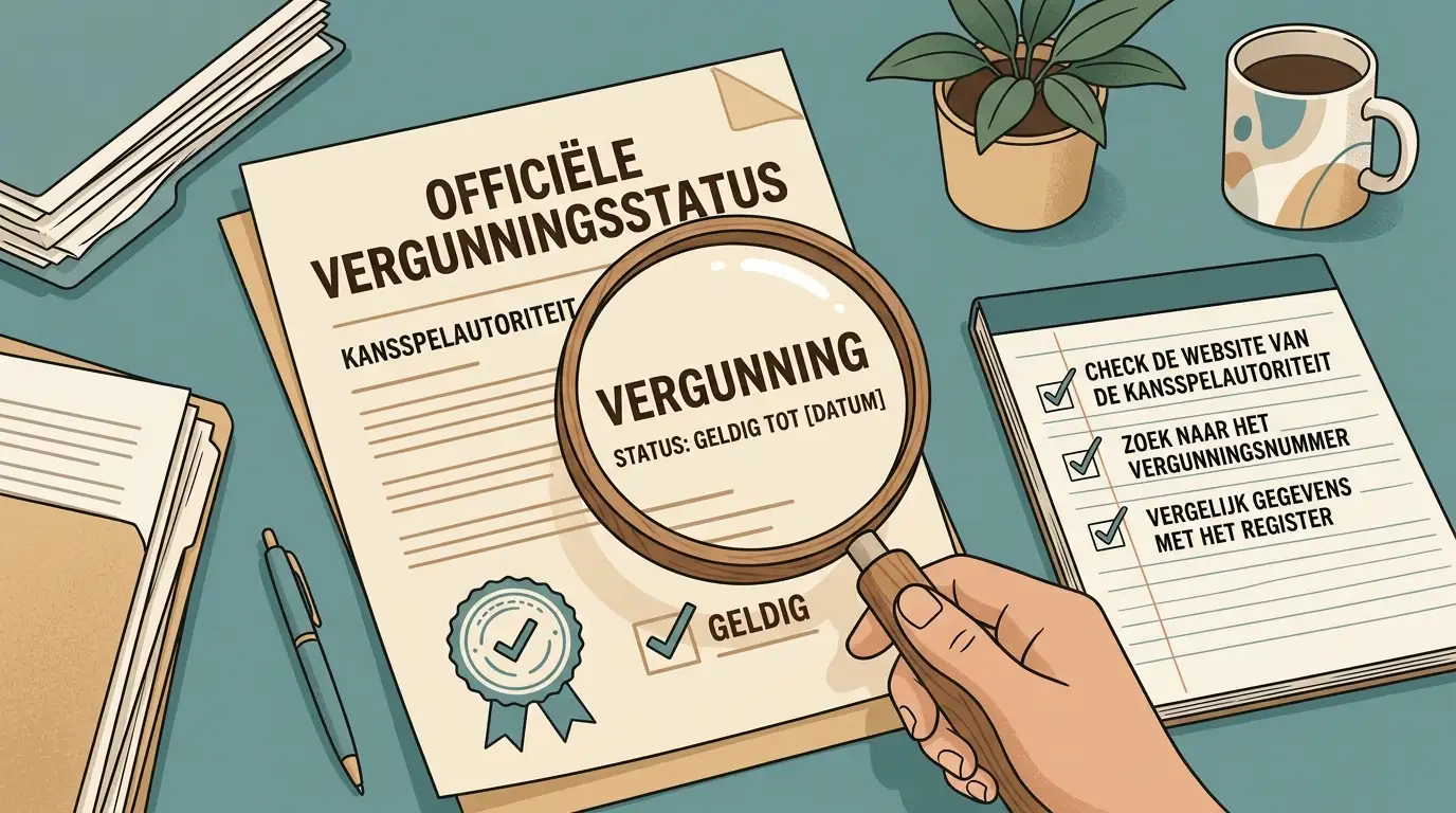 Rustige illustratie van een vergunningcontrole met checklist en officieel document